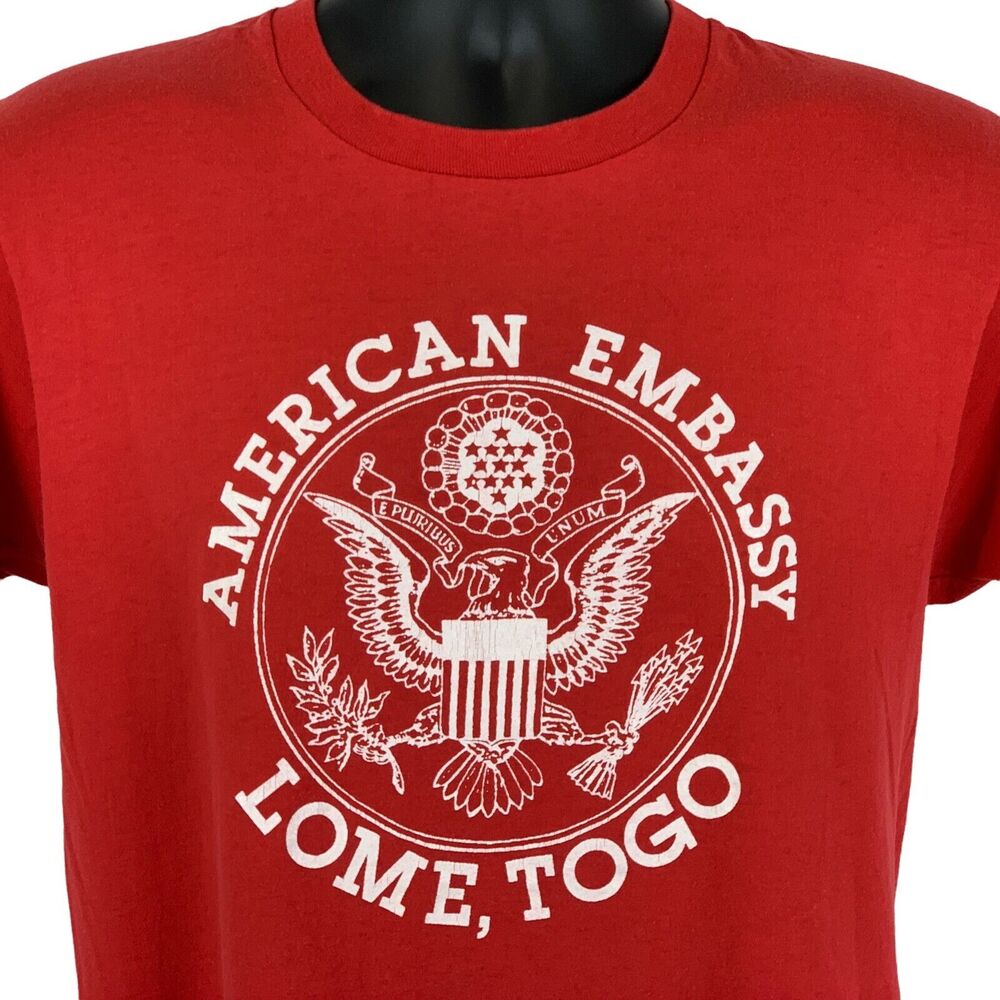 Vintage 80s Lome Togo American US Embassy T Shirt Red Africa USA Unisex M Medium